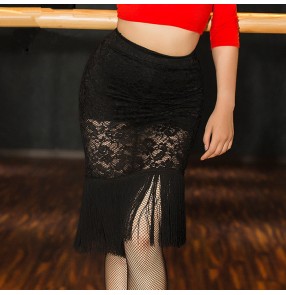 Black white lace fringes women's ladies female competition performance leotard latin dance skirts